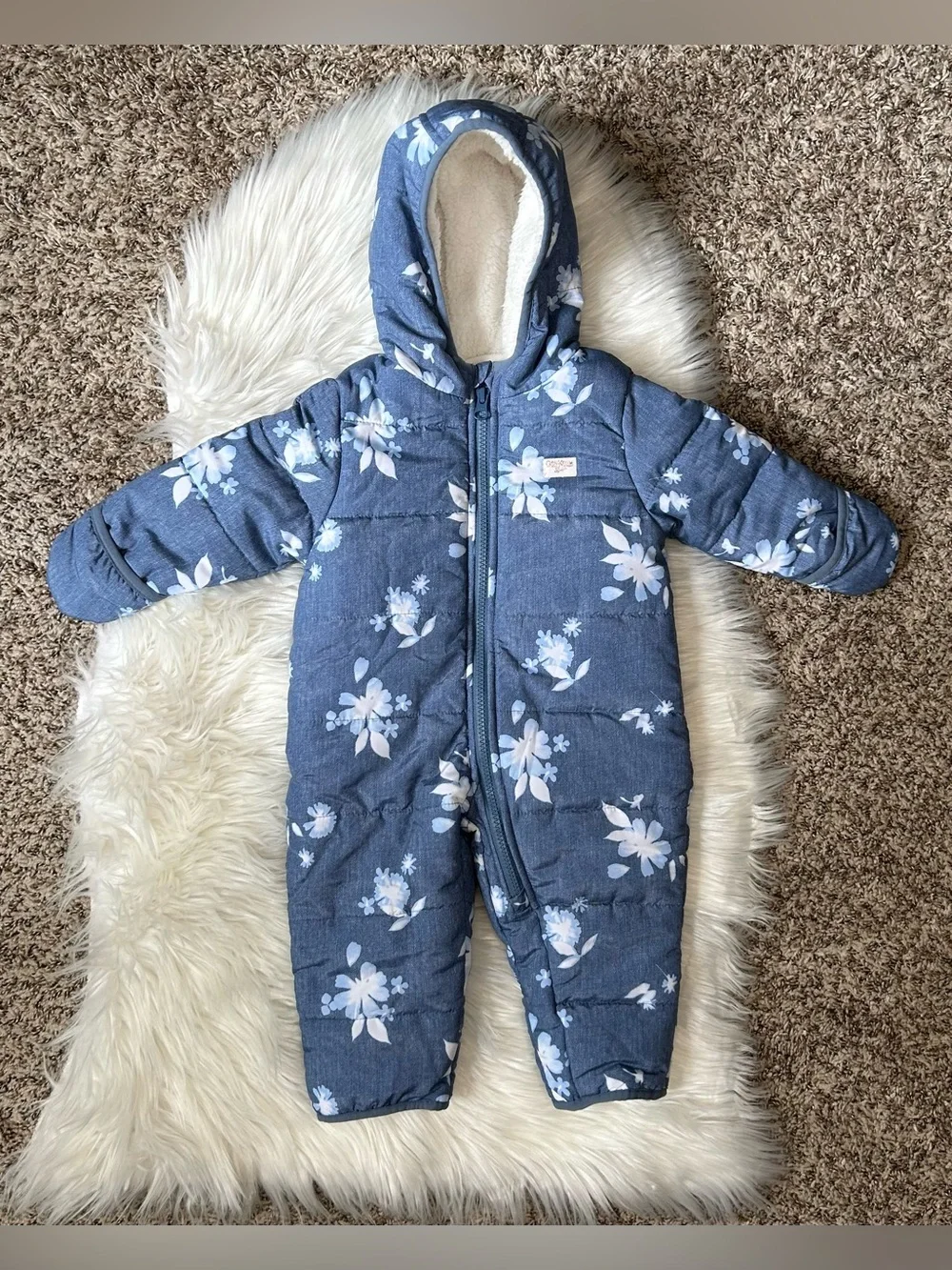 ❄️OSHKOSH Baby Blue Floral Puffer One-Piece Snowsuit - Infant 6/9 Months